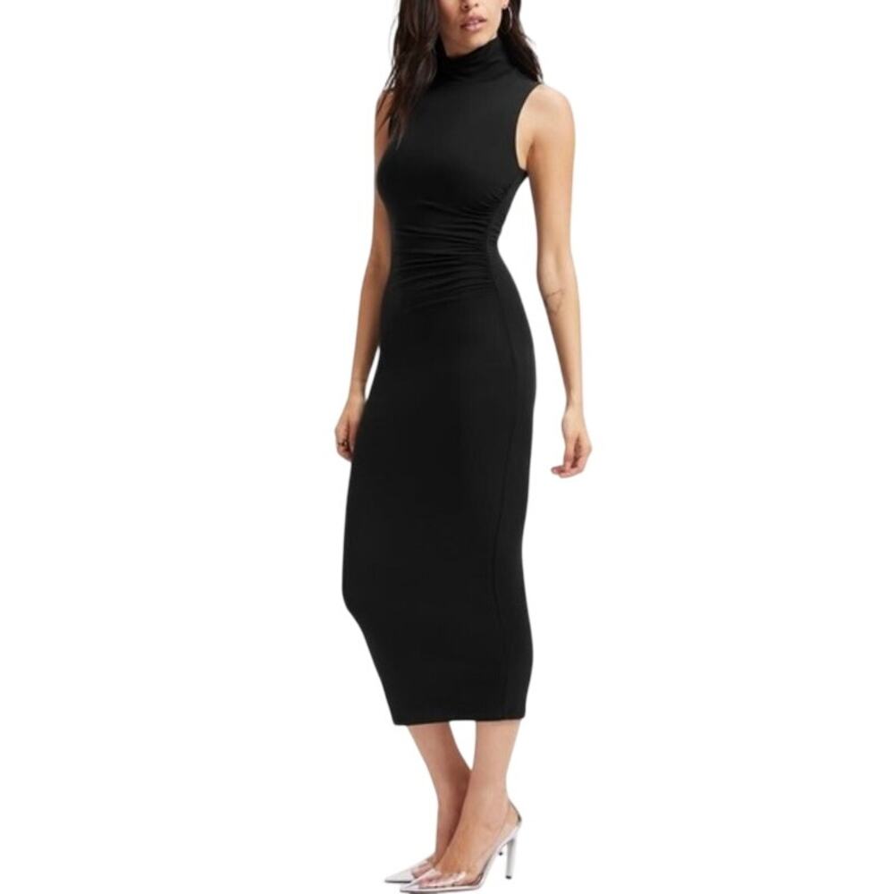 Good American Good Touch Black Sleeveless Turtleneck Ruched Midi Dress Sz 3 L